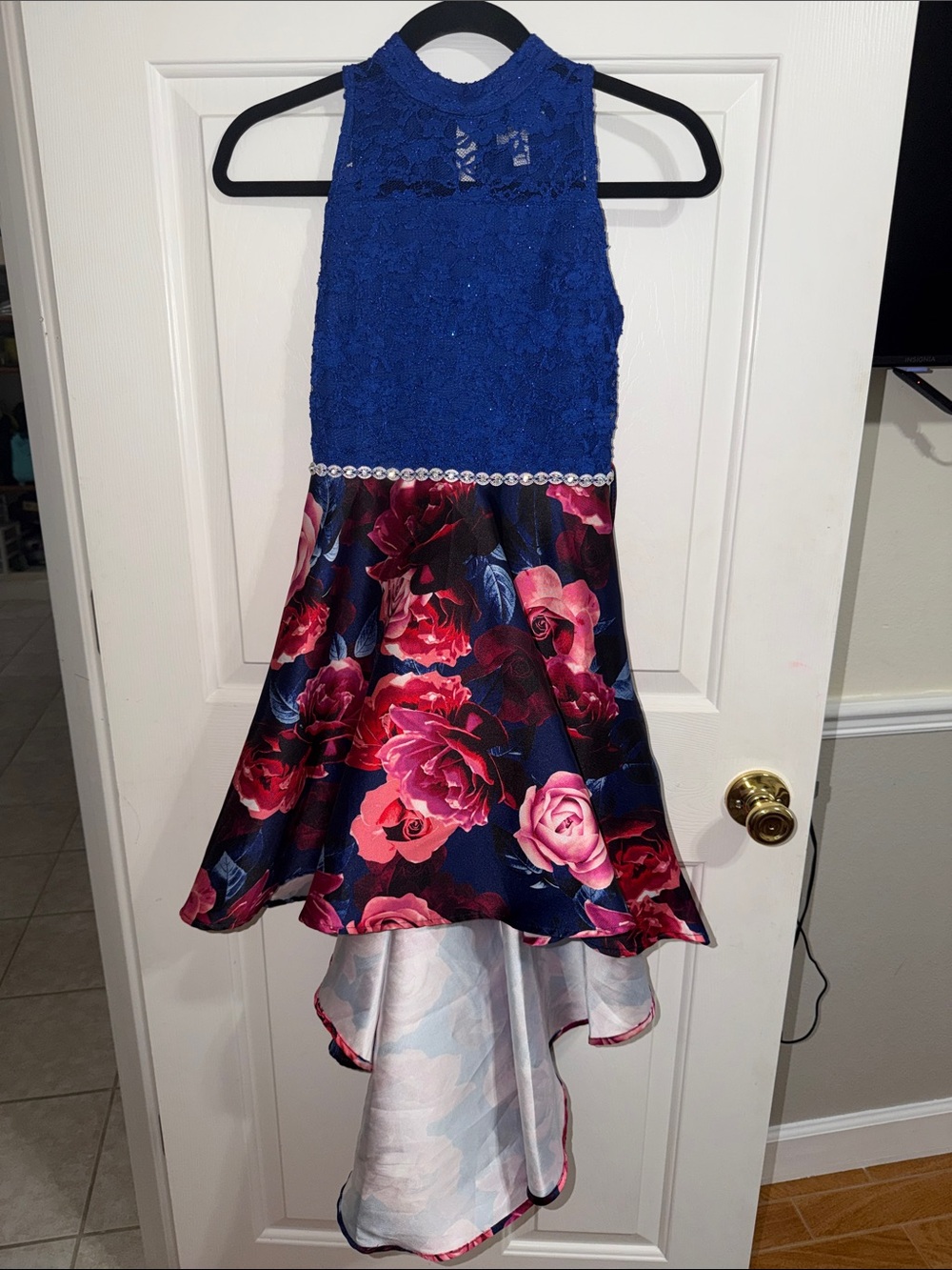 Like New Girls Sz 10 Blue and Floral Hi-Low Formal Dress
